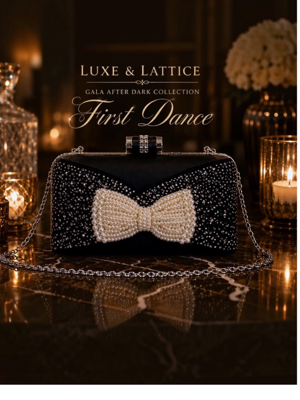 LUXE & LATTICE First Dance- Black Satin-Pearl Bow Evening Clutch Chain